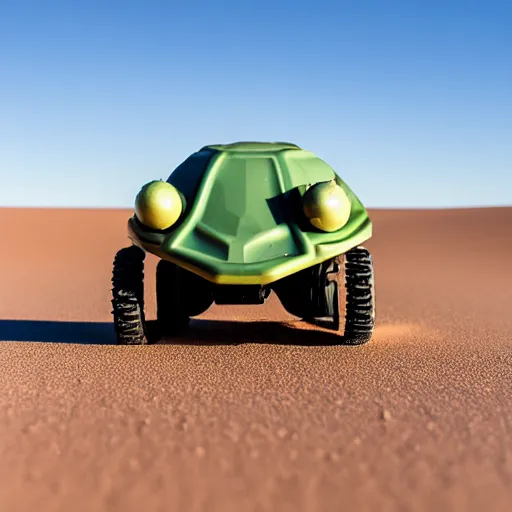 Prompt: turtle shaped peaceful mobile biomimetic rugged anemometer station sensor antenna on all terrain tank wheels, for monitoring the australian desert, XF IQ4, 150MP, 50mm, F1.4, ISO 200, 1/160s, dawn, golden ratio, rule of thirds