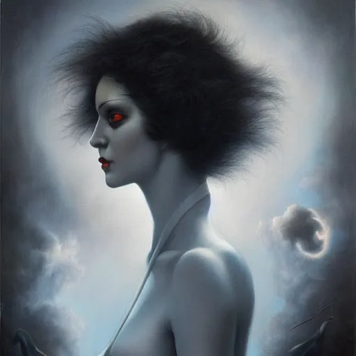 Image similar to By Tom Bagshaw Boris Vallejo, ultra realist soft painting of a curiosities carnival by night, omnious sky, symmetry accurate features, very intricate details, black and white, volumetric light clouds