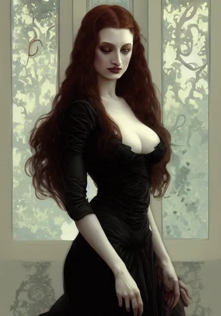 Image similar to sansa angeline jolie gessica chastain victorian vampire, intricate, elegant, highly detailed, digital painting, artstation, concept art, smooth, sharp focus, illustration, art by artgerm and greg rutkowski and alphonse mucha and william - adolphe bouguereau