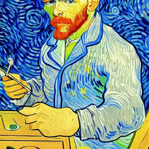 Prompt: A van gogh with a bluetooth headset answers a call on the first line of technical support, canvas, oil, watercolor, hyper detailed, elegant, very very very very beautiful.