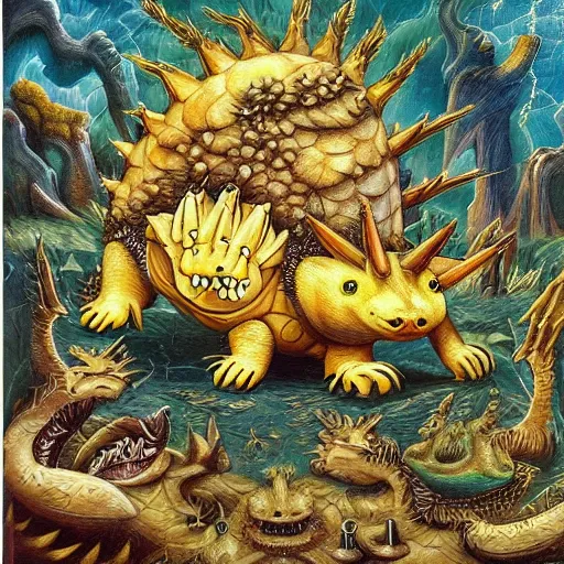 Prompt: demonic sandshrew concept art kevin sloan andre masson jacek yerka jackson pollock giotto kitsch