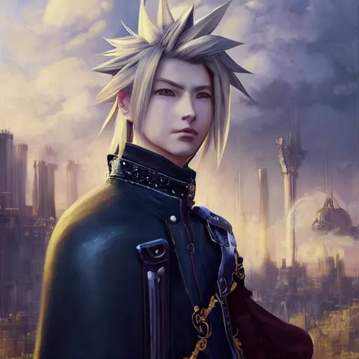 Image similar to a portrait painting ofcloud strife from final fantasy 7, midgard steam punk city as backdrop, by greg rutkowski, artgerm, wlop, ruan jia, krenz cushart, alphonse mucha, marble, gold, unreal engine 5