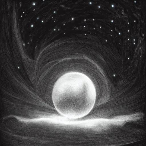 Prompt: sketch of an omnipotent being inside a void creating new worlds in the shape of white glowing spheres, astonishing detail