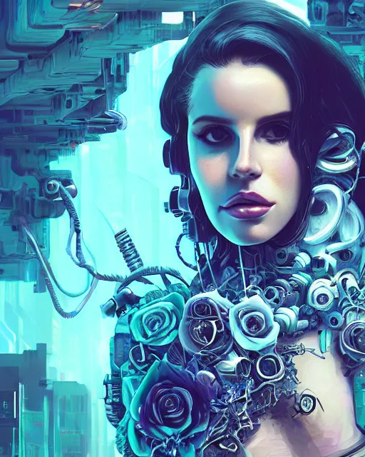 Image similar to portrait of lana del rey as a cyberpunk cyborg. roses, sci - fi, missing panels, intricate abstract, upper body, intricate artwork, by tooth wu, wlop, beeple, dan mumford. concept art, 8 k octane render, deviantart, greg rutkowski, cinematic, key art, hyperrealism, iridescent accents