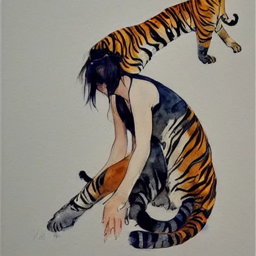 Prompt: girl riding a tiger, art, minimalistic painting, watercolor on paper, high quality, by Berthe Morisot, by Conrad Roset, trending on artstation