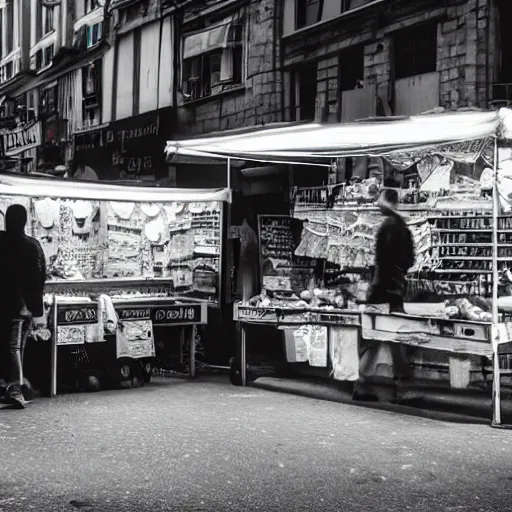 Image similar to a scene of a market stall on a street corner in the style of the ( minority report ) film taken from a distance, minimalist, blue and white, cinematic lighting