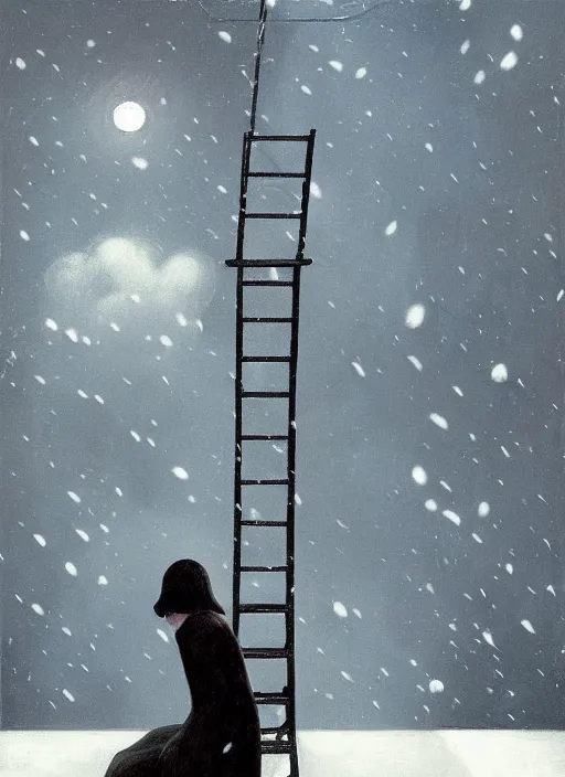 Image similar to woman in black suite climbing ladder to the hole in the sky, snowing night by Edward Hopper and James Gilleard, Zdzislaw Beksinski, Katsuhuro Otomo highly detailed