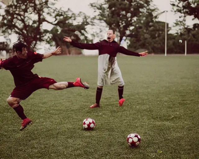 Image similar to incredible absurd surreal closeup photoshoot advertisement for soccer team, people playing soccer in the style of tim walker and by michael bay action movie vsco film grain