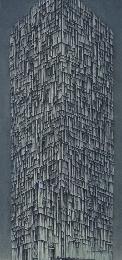 Prompt: zdzisław beksiński painting in color of a modern office building, dark colors, tendrils, 4K, high quality, creepy