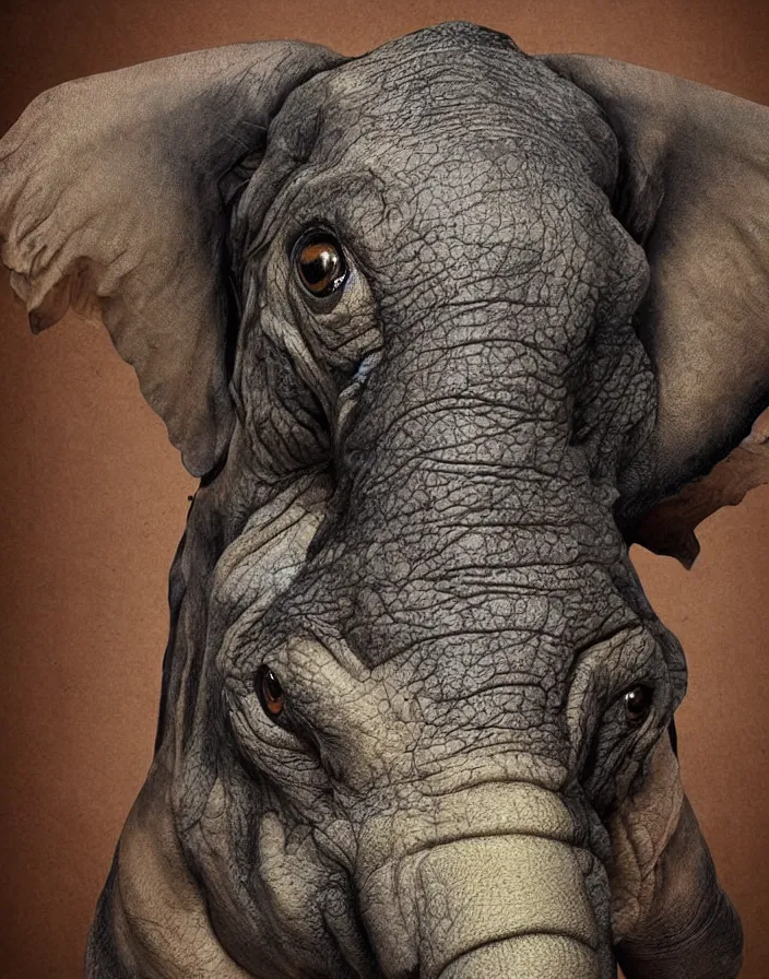 Image similar to portrait of muscular animal human merged head skin ears, large dark background, scales skin dog, cat merged elephant head cow, chicken face morphed fish head, gills, horse head animal merge, morphing dog head, animal eyes, merging crocodile head, anthropomorphic creature