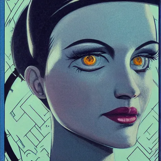 Image similar to detailed face of a woman, clockwork, moment, tectonic sky, skydome, bullet train, turbines, utopian, tech noir, wet reflections, prism, atmospheric, ambient, pj crook, syd mead, fritz lang, emma uber, edward hopper