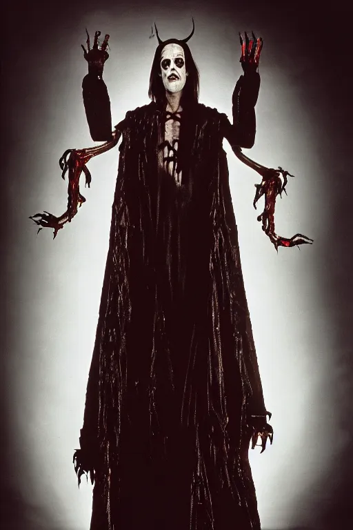 Image similar to dressed steve buscemi, a sinister demonic queen of cenobites, symmetrical, cinematic, elegant, demonic atmosphere, professional studio light, real dlsr photography, sharp focus, costume made by clive barker, real rotten flesh, blood and bones, 4 k, ultra hd, sense of awe