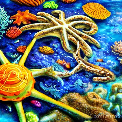 Image similar to an anchor in the sand near a coral reef surrounded by sea creatures, concept art, highly detailed, high quality, bright colors