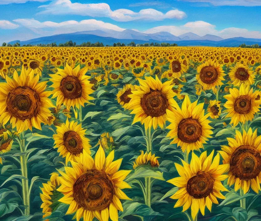 Image similar to a very detailed painting of a sunflower field, baby blue sky with very aesthetic stylized clouds, there is a big city with futuristic buildings in the back, there are mountains in the back, in the style of edward hopper and hugo pondz, very fine brushstrokes, 4 k,