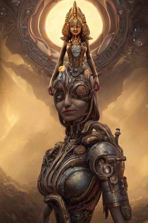 Image similar to portrait of a beautiful female hybrid cybernetic atlantean anubis elsa jean alien warrior, regal, realistic, refined, detailed, digital art, jessica rossier, michael cheval, esao andrews, steampunk, walt disney ( 1 9 3 7 ), francois boucher, oil painting, highly detailed, cinematic lighting, unreal engine, 8 k, hd