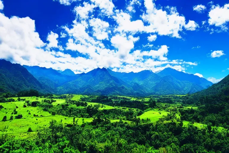 Image similar to wide, lush scenic landscape, grand majestic mountains, valley, blue sky, white clouds, professional photography, realistic, highly detailed, 8 k