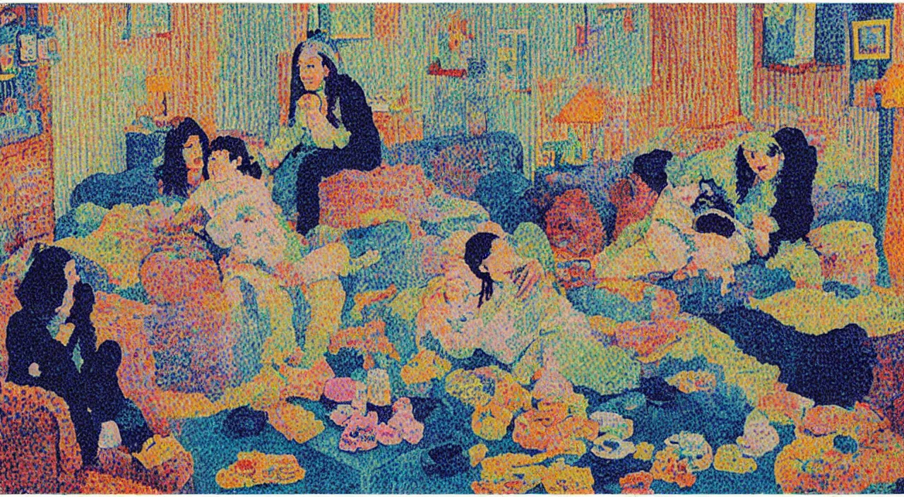 Prompt: a pregnant emo rocker chick sitting in her pajamas on the couch surrounded by her calico cat and orange tabby cat in Monica and Rachel's apartment from Friends, pointilism, highly detailed, painted by Paul Signac
