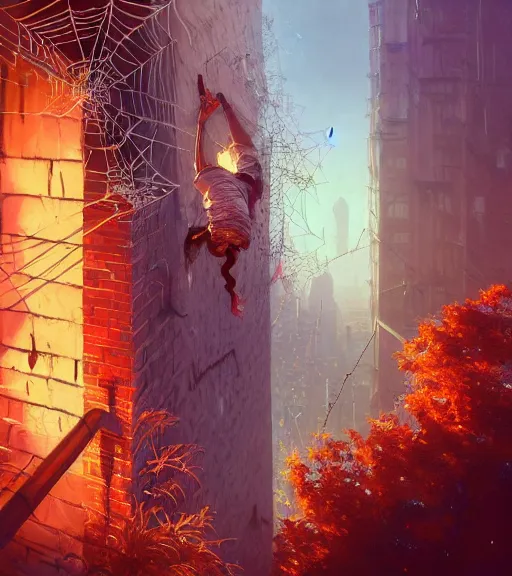 Prompt: highly detailed graffiti of spiderweb, stephen bliss, unreal engine, unreal engine art by greg rutkowski, loish, rhads, ferdinand knab, makoto shinkai and lois van baarle, ilya kuvshinov, rossdraws, tom bagshaw, reflective global illumination, god rays, detailed and intricate environment