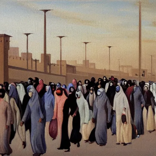Image similar to painting of saudi commuters heading to the central business district of riyadh, painted by laurence stephen lowry, oil on canvas, national gallery