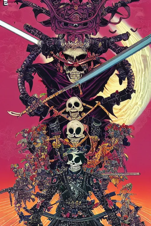 Prompt: poster of crazy skeletor samurai, by yoichi hatakenaka, masamune shirow, josan gonzales and dan mumford, ayami kojima, takato yamamoto, barclay shaw, karol bak, yukito kishiro