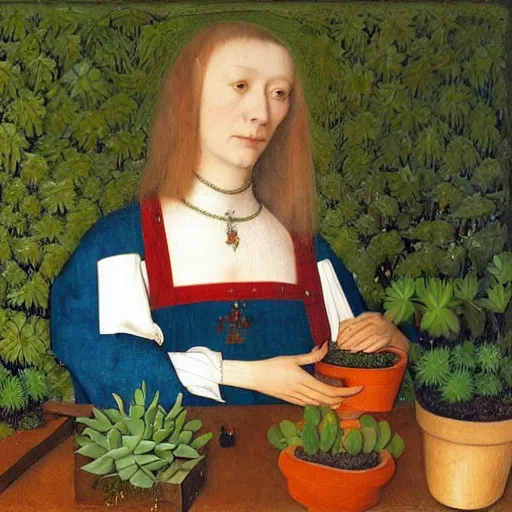 Prompt: painting by Roger Van Der Weyden of a beautiful blonde woman with shoulder length hair in a forest green dress putting colorful succulents into rainbow pots at a square table