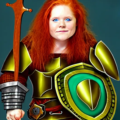 Image similar to dwarven woman, ginger hair, green eyes, holding hammer and shield with plate armour