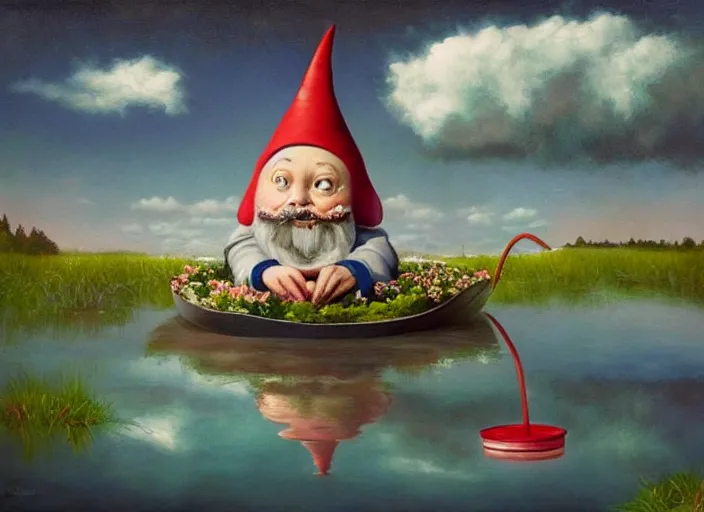 Image similar to a garden gnome sailing in a bucket, whimsical background of a reflective pond on a sunny day with dramatic clouds, an ultrafine detailed painting by mark ryden, trending on deviantart, pop surrealism, whimsical, lowbrow, joyous, perfect symmetrical face