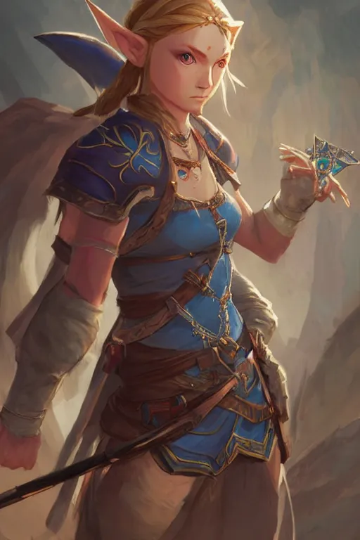 Prompt: Detailed masterpiece concept art of Princess Zelda in a gritty fantasy world hyperdetailed concept art by Ross Tran and Greg Rutkowski, high quality DnD illustration, trending on ArtStation, all rights reserved Wizards of the Coast. Film grain