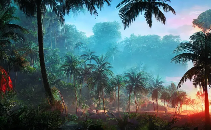 Prompt: a tropical resort in a jungle paradise, with a beautiful red and blue sunset, dynamic lighting, photorealistic fantasy concept art, trending on art station, stunning visuals, creative, cinematic, ultra detailed, ray tracing, sun rays
