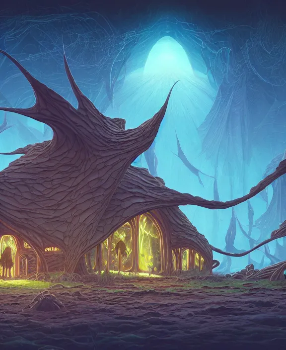 Image similar to simplicity, a simple church made out of exotic fungus, overgrown with weird smooth fungus and tendrils, spaceship, sci - fi, robots, somber, partly cloudy, by dan mumford, yusuke murata, makoto shinkai, ross tran, cinematic, unreal engine, cel shaded, featured on artstation, pixiv