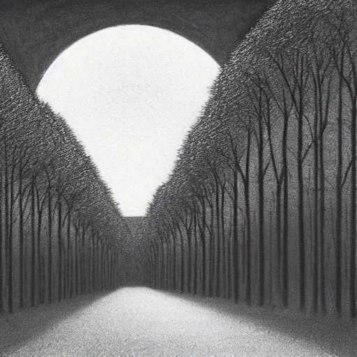 Image similar to charcoal drawing of rows of trees at night, the moon is seen between the trees, illustrated by chris van allsburg, illustration, masterful, volumetric light, subdued, subtle, greyscale