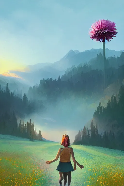 Image similar to giant daisy flower head, girl walking in the mountains, surreal photography, sunrise, dramatic light, impressionist painting, colorful clouds, digital painting, artstation, simon stalenhag