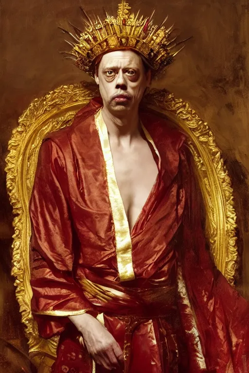 Image similar to beautiful portrait oil painting, steve buscemi wearing a golden wreath crown in royal crimson robes enthroned as the god emperor of ancient rome, mid - shot, by anders zorn, wonderful masterpiece by greg rutkowski, beautiful cinematic light, american romanticism, by thomas lawrence, greg rutkowski