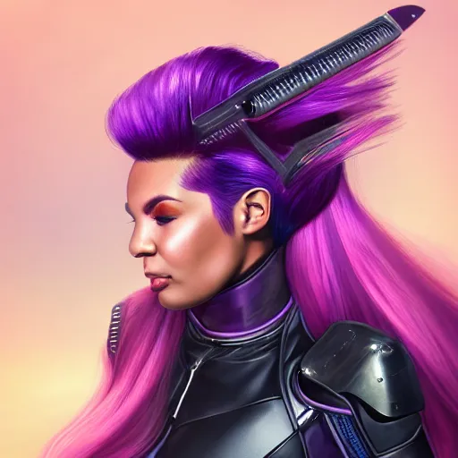 Image similar to a award winning action upper body portrait of a beautiful woman with a ombre purple pink hairstyle with head in motion and hair flying while wearing futuristic navy blue bodyarmor and pauldrons, outrun, vaporware, highly detailed, fine detail, intricate