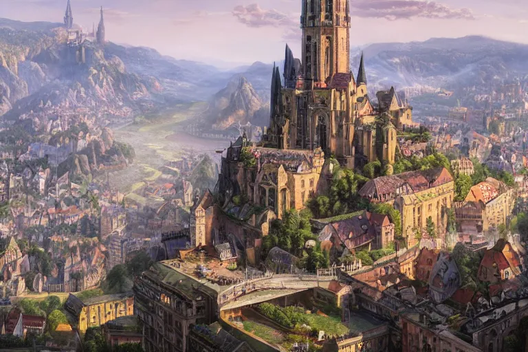 Image similar to an ultra detailed matte landscape painting of an german renaissance capital city built into the side of a mountain with many tall spirally towers, sweeping vista, german renaissance architecture, ultrawide lens, aerial photography, 8 k, volumetric lighting, smooth, highly detailed, digital illustration, art by greg rutkowski and akira toriyama and artgerm