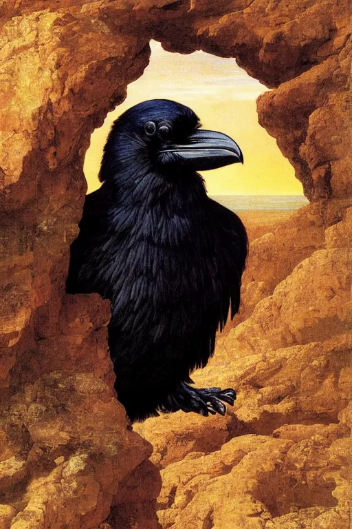 Image similar to a breathtakingly stunningly beautifully highly detailed extreme close up portrait of a raven under a rock arch, epic coves crashing waves plants, beautiful clear harmonious composition, dynamically shot, wonderful strikingly beautiful serene sunset, detailed organic textures, by frederic leighton and rosetti and turner and eugene von guerard, 4 k