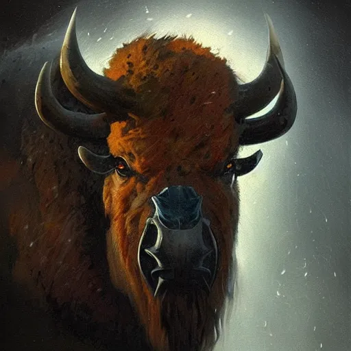 Image similar to angry bison portrait by greg rutkowski and frank frazetta, dark fantasy, blue, artstation