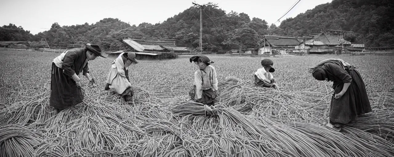 Prompt: harvesting spaghetti in rural 1 8 0 0 s japanese countryside, ultra - realistic faces, fine detail, canon 5 0 mm, in the style of ansel adams, wes anderson, kodachrome