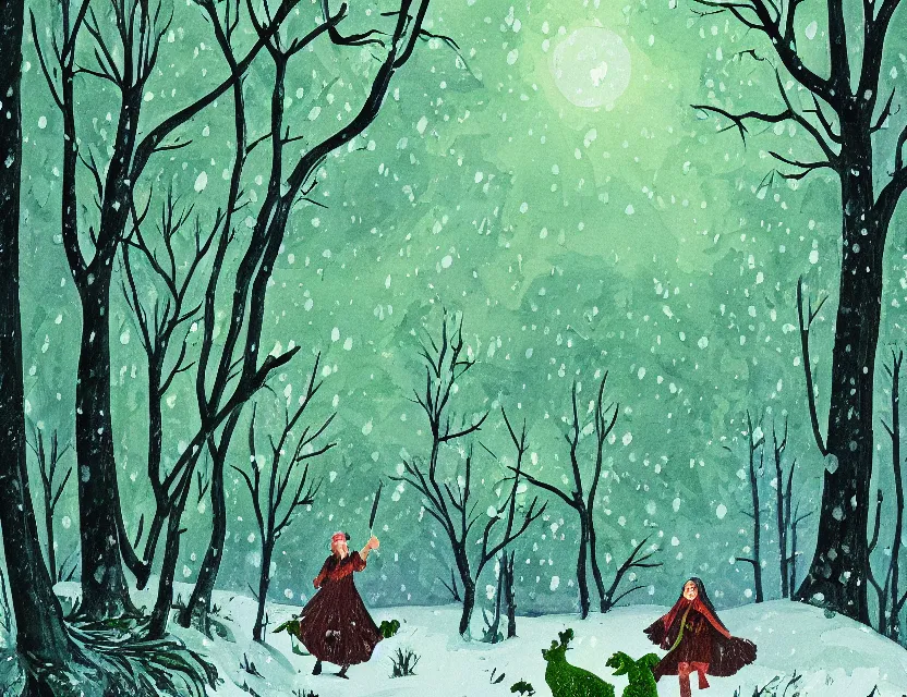 Prompt: lush green chia pet frolicking in snowy woods, stormy skies. russian fairytale art, gouache, dynamic composition, backlighting