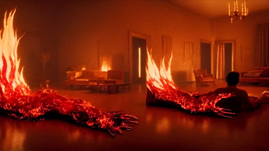 Image similar to a giant hand made of blood and fire floats through the living room, film still from the movie directed by Denis Villeneuve with art direction by Salvador Dalí, wide lens