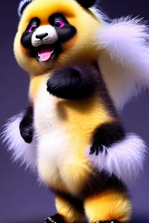 Image similar to high quality 3 d render hyperrealist very cute multicolor stripped fluffy! panda phoenix hybrid with wings!!!, highly detailed, vray smooth, in the style of detective pikachu, hannah yata charlie immer, dramatic blue light, low angle, uhd 8 k, sharp focus