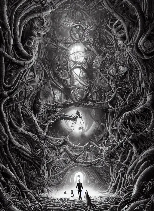 Prompt: a photorealistic dramatic hyperrealistic render of exploring eerie pan's labyrinth by joe fenton, color poster art design, intricate details, beautiful dynamic dramatic dark moody tones and lighting, shadows, cinematic atmosphere, octane render, 8 k
