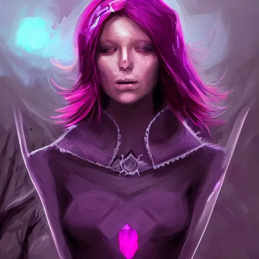 Prompt: necromancer glowing with purple magic, red hair, female, glacier landscape, D&D, fantasy, intricate, elegant, highly detailed, digital painting, artstation, concept art, matte, sharp focus, illustration, art by Ben Quilty