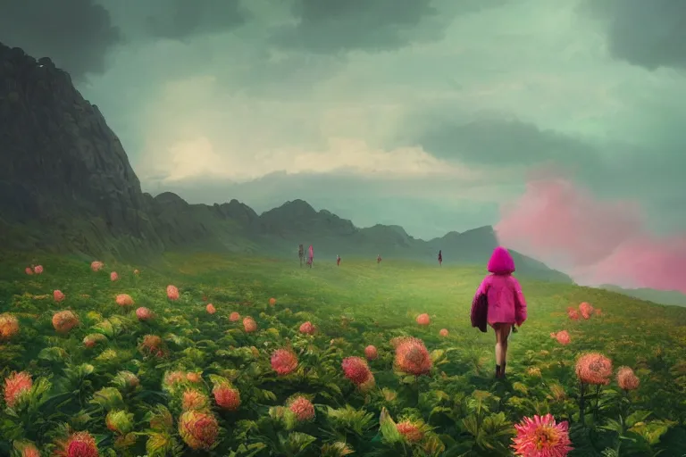 Image similar to giant dahlia flower head, girl walking on mountain, surreal photography, pink storm clouds, dramatic light, impressionist painting, digital painting, artstation, simon stalenhag