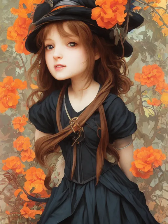 Image similar to Full shot of a cute mischievous young witch about to get up to some trouble. Latin American fashion. Floral patterns. Black and Orange palette. Latina girl. brown skin. defined facial features, symmetrical facial features. By Ruan Jia and Artgerm and Range Murata and WLOP and Ross Tran and William-Adolphe Bouguereau. Key Art. Fantasy Illustration. award winning, Artstation, intricate details, realistic, Hyperdetailed, 8k resolution.