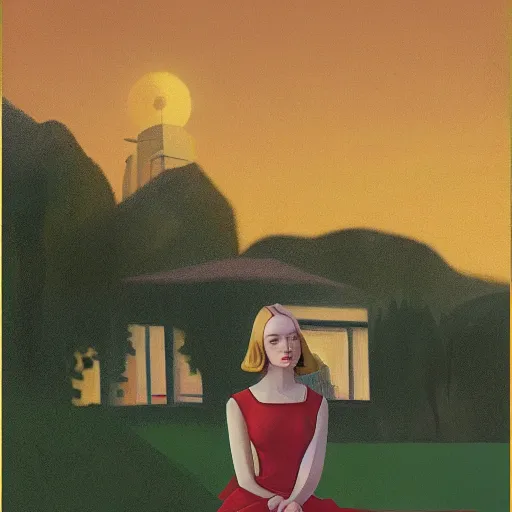 Prompt: Elle Fanning, head and shoulders masterpiece, in Kotor, golden hour, in a garden, artstation, in the style of Art Deco and Edward Hopper and Bosch, extremely detailed