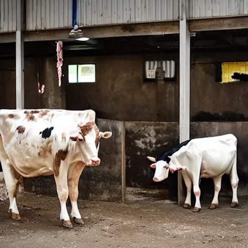 Image similar to dirty bottle of milk and a cow inside slaughterhouse