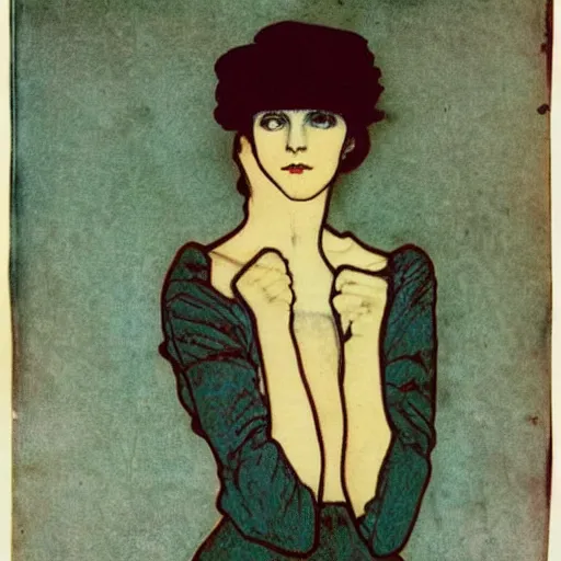 Image similar to a lonely girl in an empty room, colored daguerreotype, by schiele, by mucha, by Mackintosh, by Moebius, eerie, weird