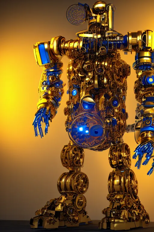 Image similar to photo of a giant huge golden and blue metal humanoid steampunk robot with big gears and tubes, robot is broken and falling apart into pieces, eyes are glowing red lightbulbs, shiny crisp finish, 3 d render, 8 k, insaneley detailed, fluorescent colors, background is multicolored lasershow