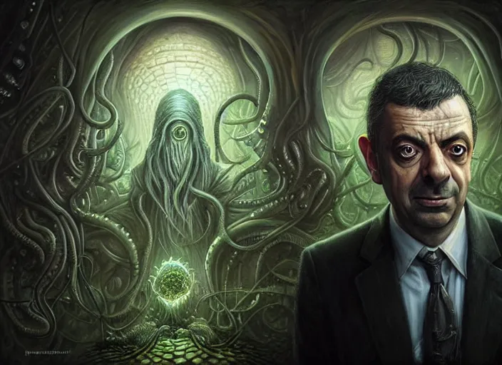 Image similar to lovecraft biopunk portrait of rowan sebastian atkinson, fractal background, anthropomorphic cthulhu behind him, by tomasz alen kopera and peter mohrbacher